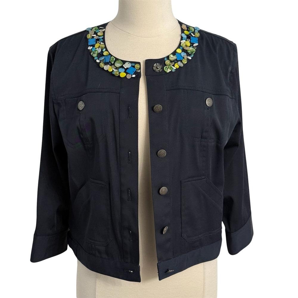 Ruby Rd. 3/4 Sleeves Embellished Collarless Button Front Utility Jean Jacket
